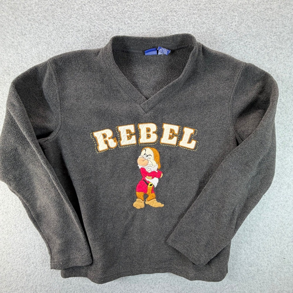 Disney Grumpy Rebel Fleece Pullover Sweater Gray‎ V-Neck Mens Medium Vintage
